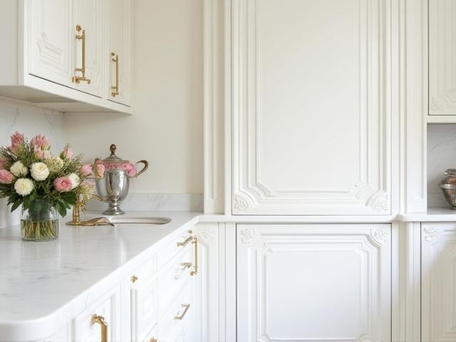 Lyst, klassisk kjøkken i leilighet, med hvite skap og utskårne detaljer