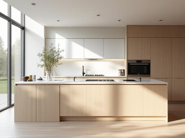 Moderne trekjøkken med rene linjer og integrerte hvitevarer