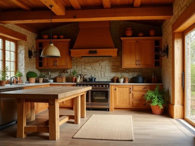 Varmt og rustikt landlig kjøkken med synlige treårer og koselig atmosfære