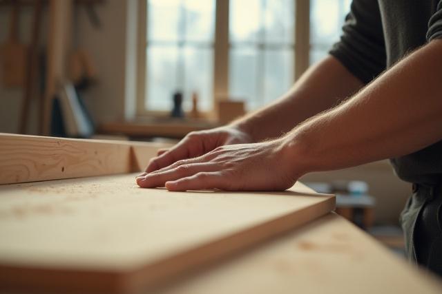 Detail of a craftsman's hands working on a wooden surface in a bright workshop.